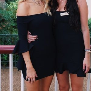 Petite Black Off the Shoulder Dress. 3/4 Sleeve